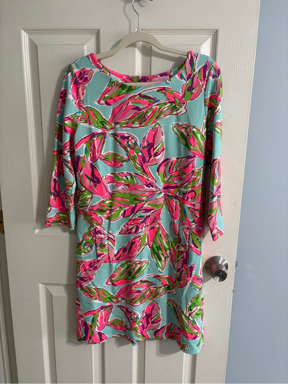 Lilly Pulitzer Aqua Shift Dress with Pink & Green Leaf Print